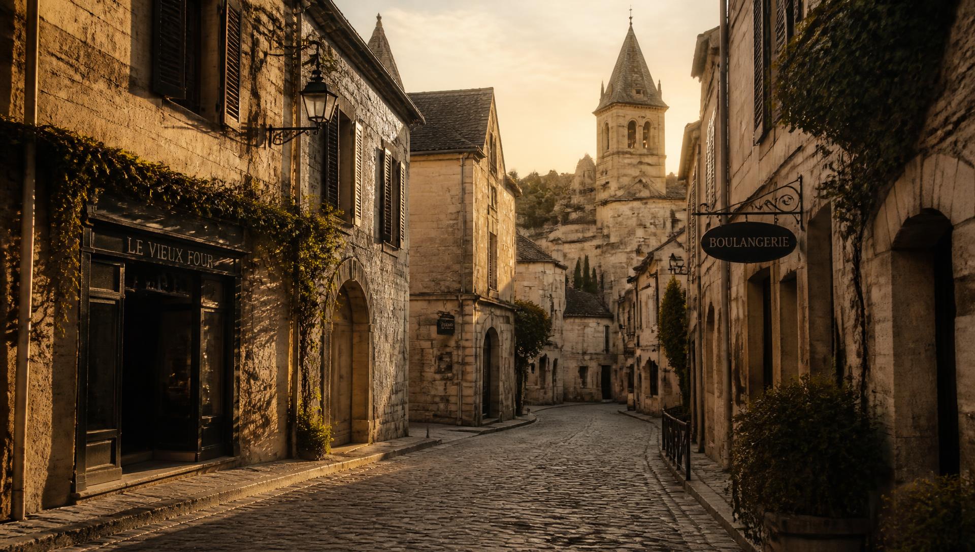 Empty cobblestone street in an old European town at golden hour