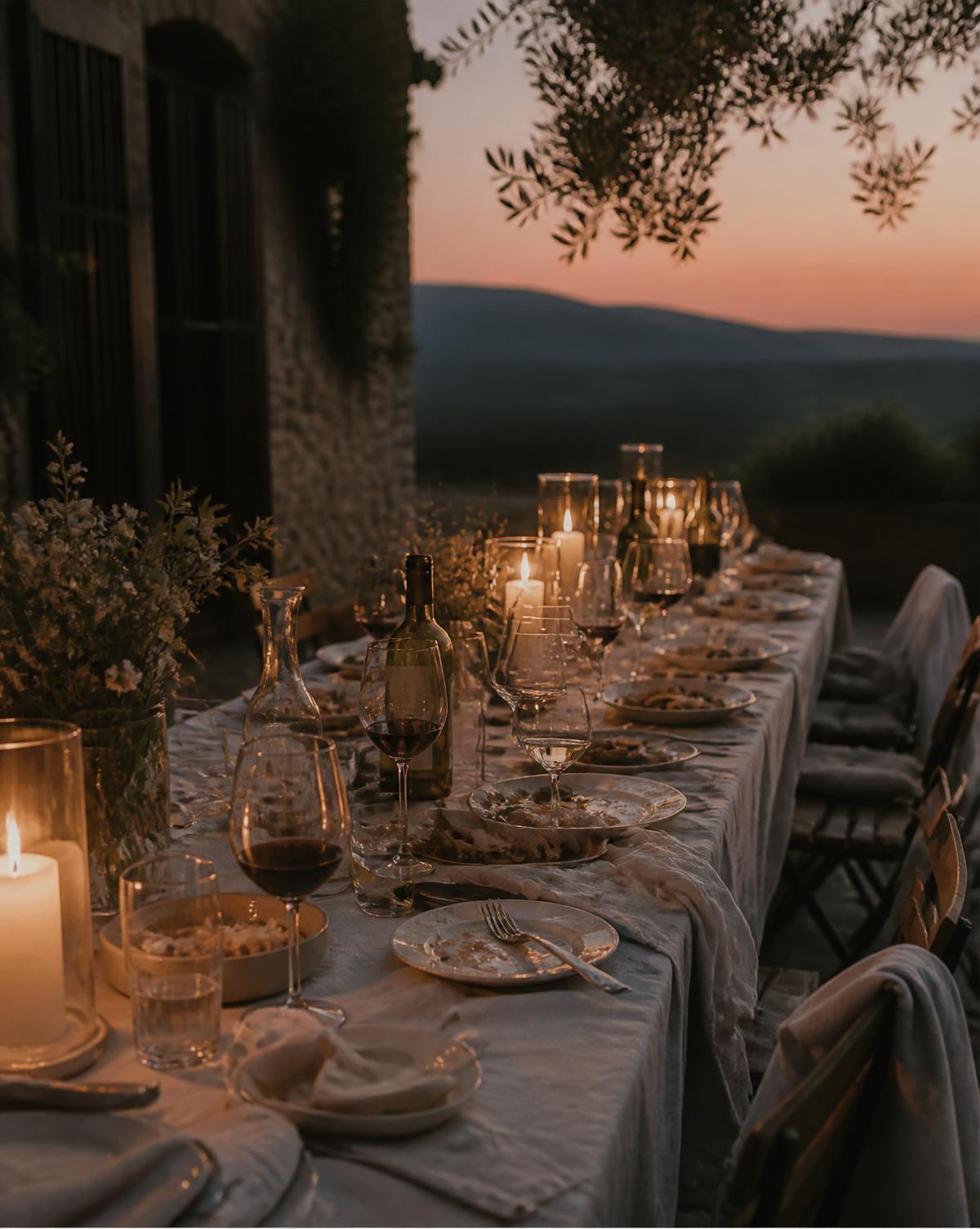 Long candlelit outdoor dinner table at dusk